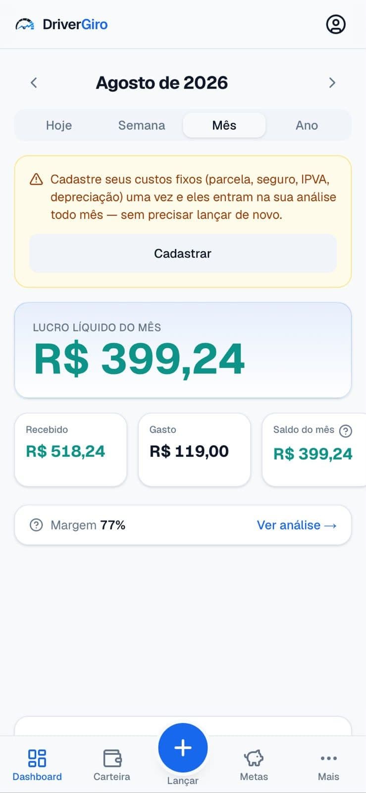 Painel do DriverGiro mostrando o lucro líquido do mês de R$ 399,24, com recebido, gasto e margem