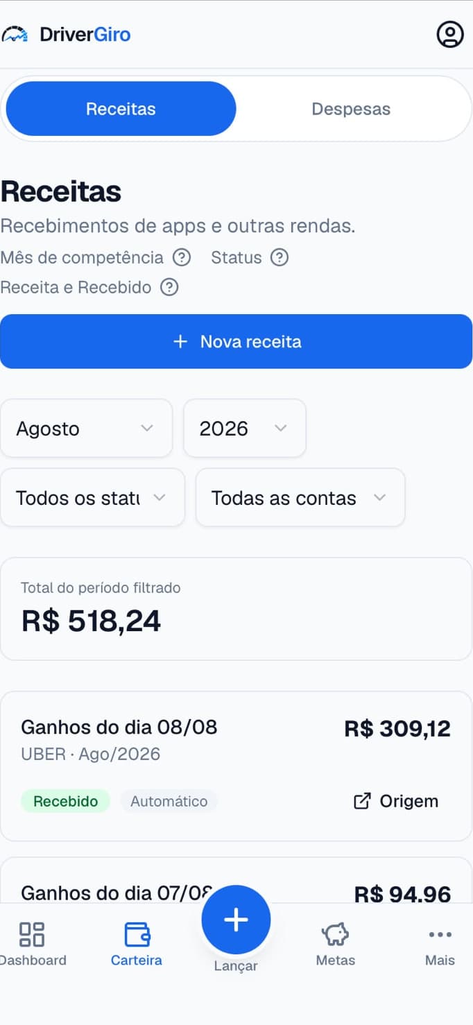 Tela de receitas do DriverGiro, com os ganhos do dia lançados automaticamente